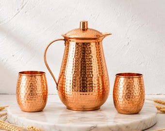 Personalized Pure Copper Water Jug with 2 Tumblers, Engraved Hammered Copper Gift Set, Custom Wedding Anniversary Gift, Gift for wife