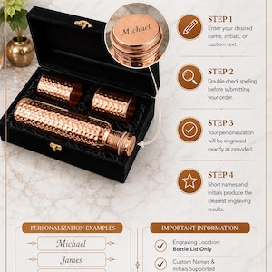May include: A black gift box containing a hammered copper water bottle and two matching cups. A circular inset shows a copper bottle lid engraved with the name Michael. Text instructions outline a four-step personalization process for engraving.