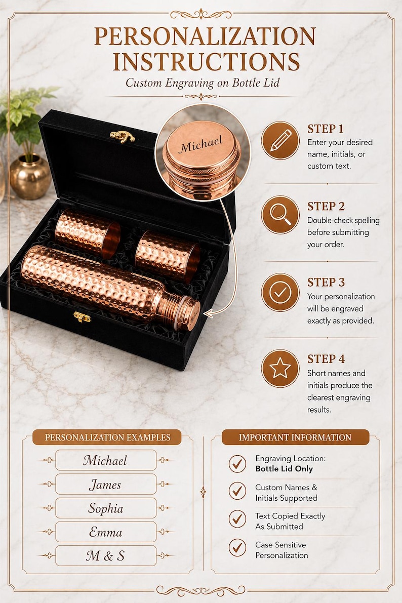 May include: A black gift box containing a hammered copper water bottle and two matching cups. A circular inset shows a copper bottle lid engraved with the name Michael. Text instructions outline a four-step personalization process for engraving.