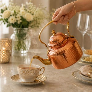 May include: A hammered copper tea kettle with a gold-toned handle, lid knob, and spout, pouring steaming tea into a white porcelain teacup featuring a gold floral pattern on a matching saucer with a gold rim and a small gold spoon.