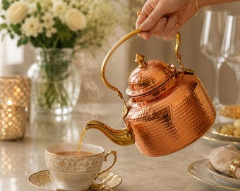 Handmade Hammered Copper Tea Kettle, Pure Copper Teapot with Brass Handle, Copper Tea Pot, Kitchen Decor, Housewarming Gift, Gift for her
