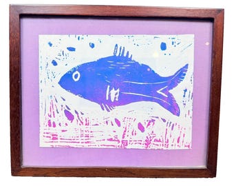 Fish Block Print, Modernist Nautical Linocut Art, Framed Blue Purple Coastal Handcrafted Artwork, Beach House Decor | Retro Style Print