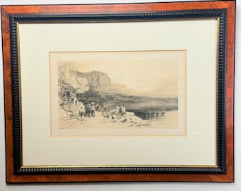 Edward Lear Norba Lithograph, 1841 Views In Rome Antique Fine Art Print, Framed Italian Landscape, Large Burl Wood Frame Grand Tour Decor