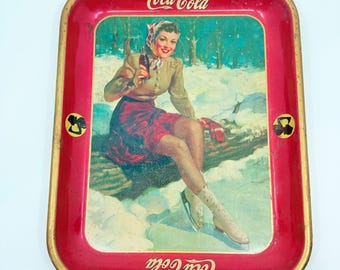 Vintage Coca Cola Ice Skater Serving Tray Red Metal Tin 1940s Advertising