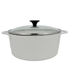 May include: A white enameled cast iron Dutch oven with two side handles and a clear glass lid. The lid features a stainless steel rim and a black knob handle centered on top. The pot has a smooth, rounded body and a wide, circular opening.