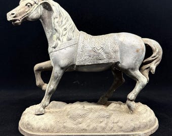 Vintage Cast Metal Horse Statue Figurine Saddled Stallion Sculpture Rustic Decor