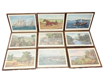 Currier and Ives Vintage Lithograph Prints Set of 9 | Framed Gallery Wall Art | Nautical Clipper Ship & Country Landscape Estate Decor