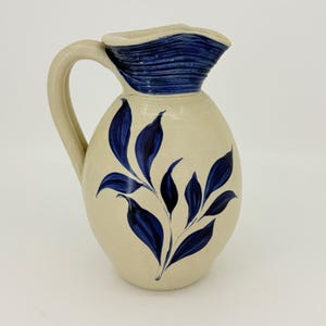 Williamsburg Pottery Factory Stoneware Pitcher Blue Leaf Salt Glaze Vintage