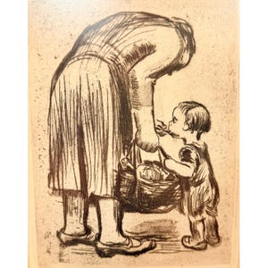 May include: A black and white line drawing on paper depicting a person in a long skirt and shoes standing while holding a woven basket. A small child stands beside the person, looking up toward the basket. The artwork uses dark ink strokes.