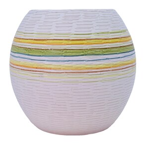 May include: A spherical white vase featuring a textured surface with horizontal embossed lines. The upper section is decorated with a series of thin, parallel stripes in shades of yellow, light green, and soft blue, creating a subtle color contrast.