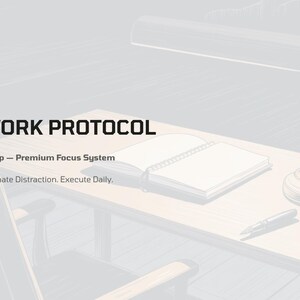 May include: A desk scene featuring a desk lamp, an open notebook, and a pen. The text "DEEP WORK PROTOCOL" is displayed, with "FocusProtocolShop - Premium Focus System" and "Master Focus. Eliminate Distraction. Execute Daily."