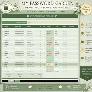 May include: A digital password organizer with a green and white floral design. The text "MY PASSWORD GARDEN" is at the top. Features include a strength analyzer, categorization, and compatibility with Google Sheets or Excel. The words "Instant Download" are also visible.