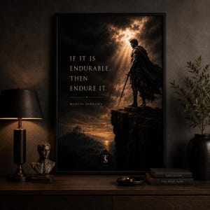Puede incluir: Impresión artística enmarcada con la cita "IF IT IS ENDURABLE, THEN ENDURE IT." de Marco Aurelio. La imagen muestra una figura con una espada en un acantilado, con una puesta de sol e iluminación dramática. La obra tiene una estética oscura y dramática.