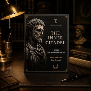 May include: A book titled "The Inner Citadel" with a portrait of a man on the cover, alongside other books and a pen on a desk. The book's title is in large white letters, with the subtitle "90-Day Discipline Protocol".