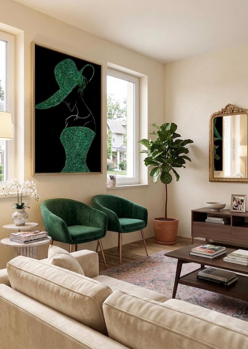 Hand-Painted Glitter Lady Silhouette Art | Red Gold Green Acrylic Canvas, Boudoir Decor afbeelding 4