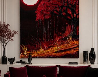 Getextureerd bloedmaanreliëf, rode lava en bos acrylcanvaskunst, mystieke gotische muurdecoratie, meerdere maten
