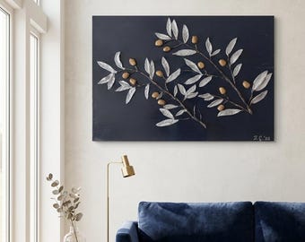 Getextureerde olijftak reliëfschilderij, antiek goud marine canvas kunst, mediterraan botanisch decor