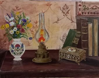 Still Life Painting | Original Acrylic Art | Vintage Oil Lamp