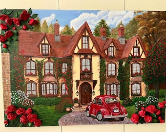 Custom Tudor Cottage House Portrait Painting | Rose Garden & Vintage Car | Made-to-Order Textured Wall Art