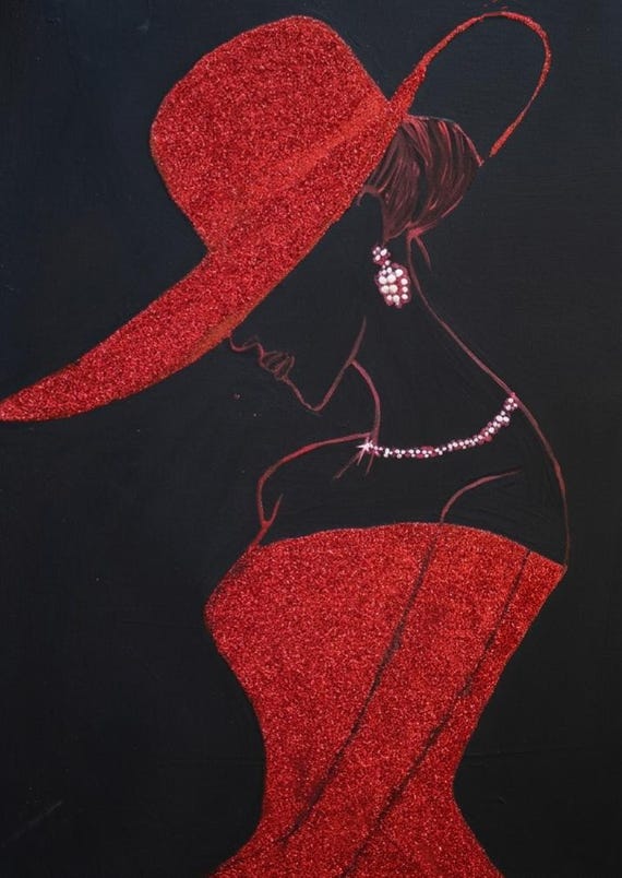 Hand-Painted Glitter Lady Silhouette Art | Red Gold Green Acrylic Canvas, Boudoir Decor