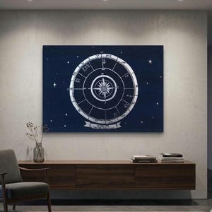 May include: A rectangular wall art piece featuring a dark navy blue background with a white circular astrological chart and compass design. The center displays a star-like compass rose, surrounded by zodiac symbols and celestial markings.