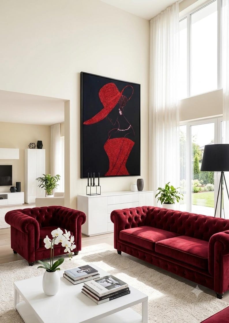 Hand-Painted Glitter Lady Silhouette Art | Red Gold Green Acrylic Canvas, Boudoir Decor afbeelding 5