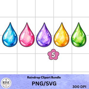 Pode incluir: Cinco ilustrações de gotas de chuva em estilo aguarela nas cores azul, rosa, roxo, amarelo e verde, cada uma com um contorno preto. Um pequeno ícone rosa em forma de flor com o número 5 está posicionado abaixo das gotas. O texto diz Raindrop Clipart Bundle PNG/SVG 300 DPI.