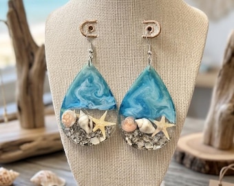 Handmade Resin Ocean Wave Earrings – Teardrop Beach Dangle Jewelry with Seashells