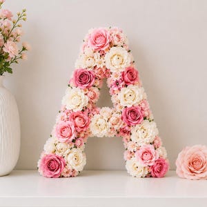 Könnte beinhalten: Ein großer, dreidimensionaler Buchstabe A, der mit einer dichten Anordnung künstlicher Blumen in zarten Rosa-, kräftigen Rosatönen und Cremeweiß bedeckt ist. Das florale Arrangement zeigt verschiedene rosenartige Blüten und kleine Blumen.