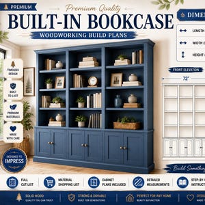 Op de afbeelding: Een donkerblauwe inbouwkast met drie verticale secties, open planken en onderkasten met ronde knoppen. De plannen bevatten afmetingen van 182,88 cm lang, 28,58 cm diep en 240,67 cm hoog, inclusief technische tekeningen en schema's.