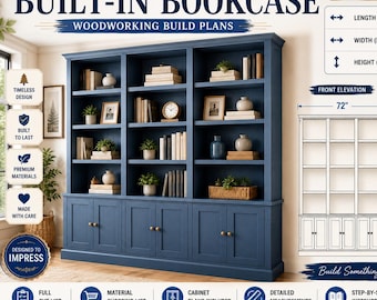 Planos para estanterías empotradas en PDF / Planos para estanterías de bricolaje / Planos para armarios empotrados / Estantería de pared para biblioteca / Planos de carpintería