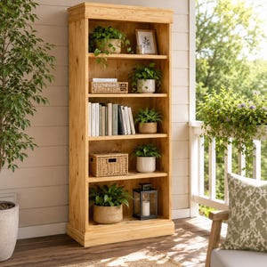 May include: A tall, light-toned wooden bookcase with five open shelves. The shelves are filled with various items including potted green plants, a woven basket, a collection of books, a small framed picture, and a black metal lantern with a candle.