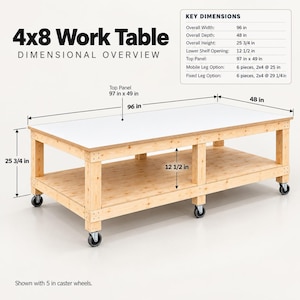May include: A 4x8 work table with a white top panel and a light wood frame. The table features a lower shelf and four caster wheels. Text includes 4x8 Work Table, Dimensional Overview, and a table of key dimensions in inches, such as 96 in width.
