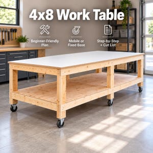 May include: A rectangular 4x8 work table with a smooth white top and a natural light-colored wooden frame. The table features a lower storage shelf and is supported by four black swivel caster wheels. Text on the image reads 4x8 Work Table.