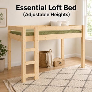 May include: A light-colored wooden loft bed with a ladder and a green mattress. The text Essential Loft Bed (Adjustable Heights) is displayed above the frame. The structure features four vertical posts and horizontal safety rails on all sides.