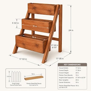 May include: A three-tiered wooden planter stand with a natural brown finish. The structure features three rectangular boxes supported by angled side frames. Dimensions include an overall height of 60.96 cm, a width of 44.45 cm, and a depth of 43.50 cm.