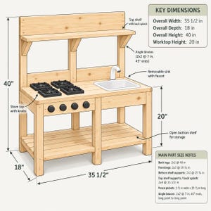 May include: A wooden play kitchen featuring a stove top with four black burners and knobs, a removable white sink with a faucet, and an open bottom shelf. The unit has a top shelf with a backsplash and measures 35 1/2 inches wide, 18 inches deep, and 40 inches high.