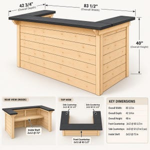 May include: A U-shaped wooden bar with a black countertop. Dimensions are 212.09 cm wide, 108.59 cm deep, and 101.6 cm high. The structure includes an interior shelf and horizontal wood paneling. Diagrams show the rear view, top view, and a list of key dimensions for the front and side countertops.