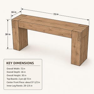 May include: A light brown wooden bench with a rectangular seat and two thick block legs. The bench measures 72 inches in width, 16 inches in depth, and 30 inches in height. A text box labeled KEY DIMENSIONS lists the width, depth, height, and component sizes.