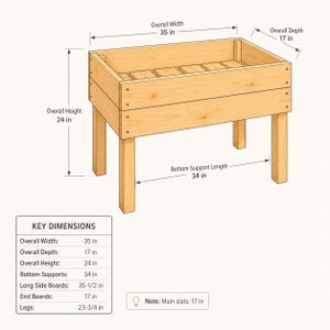 May include: A light-coloured wooden raised garden bed with four legs and a slatted base. The diagram displays an overall width of 88.9 cm, a depth of 43.18 cm, and a height of 60.96 cm. A table labelled KEY DIMENSIONS lists specific component sizes.