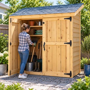 May include: A light brown wooden garden storage shed with a slanted roof and double doors. The interior features shelves holding a terracotta pot, a metal watering can, and bags of soil, while the lower section stores garden tools and boots.