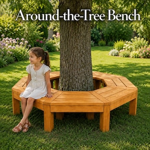 May include: A hexagonal wooden bench constructed to surround a tree trunk, featuring a natural light brown finish with visible wood grain. The bench has a flat seating surface and sturdy vertical legs, with the text Around-the-Tree Bench above.