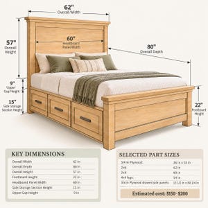 May include: A light wood bed frame with a tall headboard and three integrated storage drawers along the side. The bed features an overall width of 62 inches, a depth of 80 inches, and a height of 57 inches, with a 22-inch footboard height.