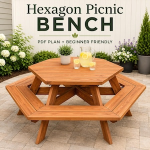 May include: A wooden hexagon picnic bench with an integrated table and seating. The text "Hexagon Picnic BENCH" and "PDF PLAN • BEGINNER FRIENDLY" is displayed above the bench. A glass pitcher of lemonade and two glasses sit on the table.