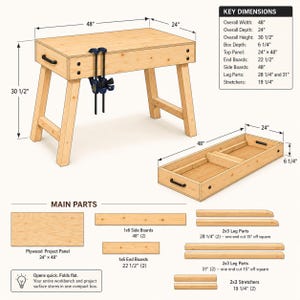 May include: A light-coloured wooden workbench with a 122 cm by 61 cm top and 77.5 cm height. The workbench folds into a 15.9 cm deep box. The image displays key dimensions, main parts including plywood panels, side boards, and leg parts.