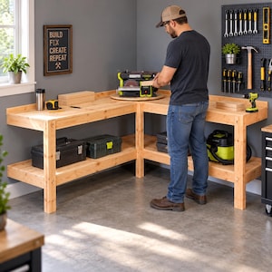 May include: An L-shaped wooden workbench with a lower shelf, featuring a lime green and black belt sander on top. A pegboard wall displays various hand tools, while a framed sign on the wall reads BUILD FIX CREATE REPEAT.
