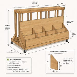 Può includere: Uno scaffale in legno marrone chiaro su ruote con un ripiano superiore, un pannello posteriore e diversi divisori conici. Le dimensioni complessive sono 243,84 cm di larghezza, 121,92 cm di profondità e 171,13 cm di altezza, con misure dettagliate.