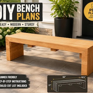 May include: A light brown wooden bench with a slatted seat and sides. Text reads DIY BENCH PLANS, EASY MODERN STURDY, PDF PLANS INSTANT DOWNLOAD, BEGINNER FRIENDLY, STEP-BY-STEP INSTRUCTIONS, DETAILED CUT LIST INCLUDED. Diagram shows 64 inches by 14.25 inches by 17 inches.