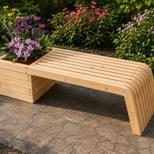 May include: A wooden bench with a built-in planter box. The bench is made of light-colored wood and features a slatted seat. The planter box holds a variety of purple and green plants. The bench is outdoors, surrounded by greenery.