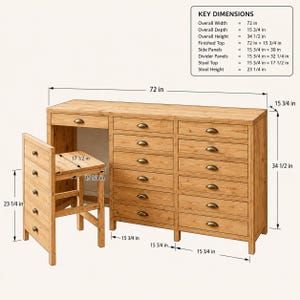 Puede incluir: Un escritorio de madera marrón claro con doce cajones y un taburete a juego. El escritorio mide 182,88 cm de ancho, 40 cm de profundidad y 87,63 cm de alto. El taburete mide 59,06 cm de alto con una superficie de 44,45 por 40 cm. Tiradores metálicos.